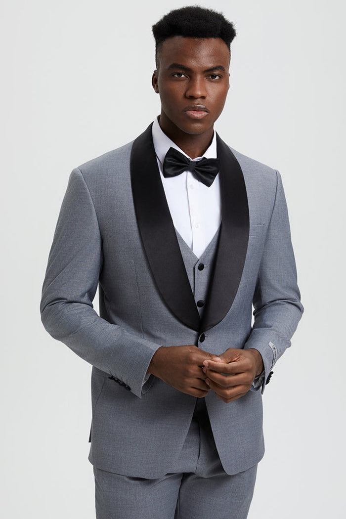 Wedding grey tuxedo MEN'S STACY ADAMS VESTED ONE BUTTON SHAWL LAPEL DESIGNER TUXEDO IN GREY