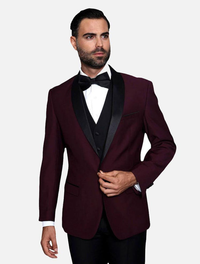 Prom Tuxedo - Wedding Suit - Groom Suit MEN'S BURGUNDY WITH BLACK LAPEL VESTED 100% WOOL TUXEDO
