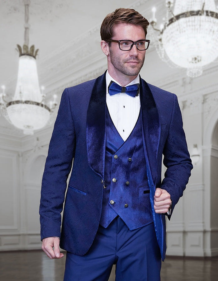 Prom Tuxedo - Wedding Suit - Groom Suit MEN'S SAPPHIRE VELVET SHAWL LAPEL TUXEDO WITH VELVET VEST
