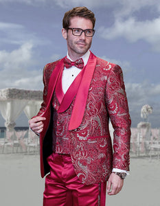 Prom Tuxedo - Wedding Suit - Groom Suit MEN'S RED PATTERNED VESTED TUXEDO WITH BOWTIE