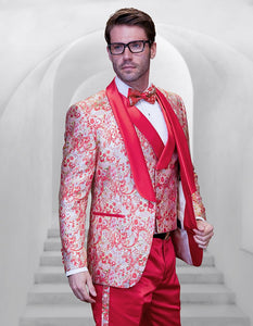 Prom Tuxedo - Wedding Suit - Groom Suit MEN'S OFF CORAL PATTERNED VESTED TUXEDO WITH BOWTIE