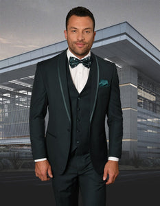 Prom Tuxedo - Wedding Suit - Groom Suit STATEMENT MEN'S HUNTER WITH TRIM LAPEL VESTED 100% WOOL TUXEDO