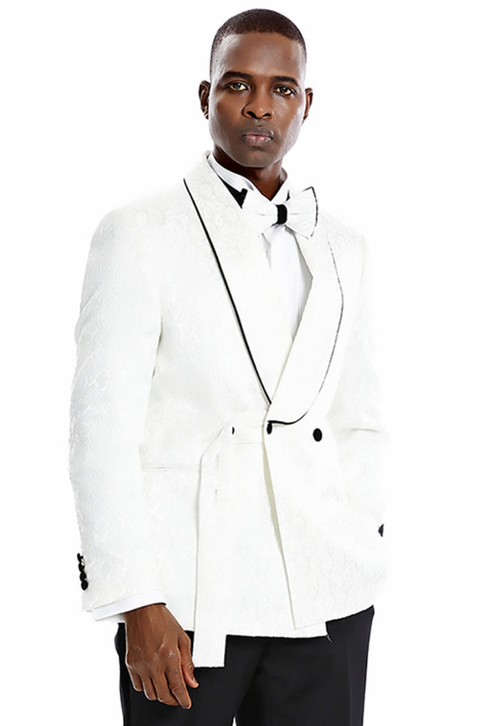 Men's Slim Fit Double Breasted Smoking Jacket Prom & Wedding Tuxedo in White Paisley - Men's Tuxedo USA