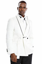 Men's Slim Fit Double Breasted Smoking Jacket Prom & Wedding Tuxedo in White Paisley - Men's Tuxedo USA
