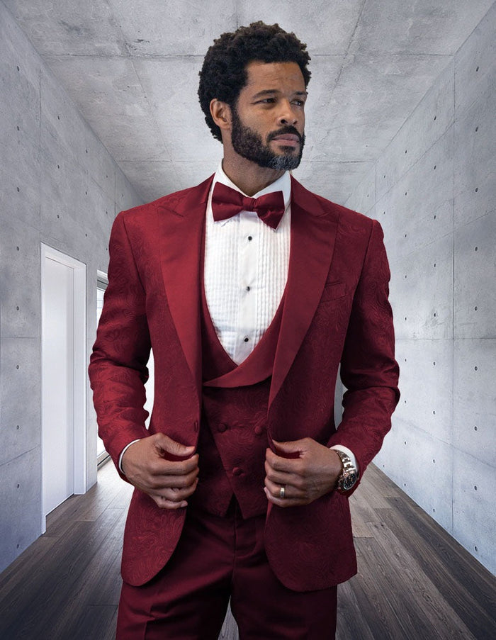 Prom Tuxedo - Wedding Suit - Groom Suit STATEMENT MEN'S BURGUNDY PATTERNED VESTED TUXEDO WITH BOWTIE