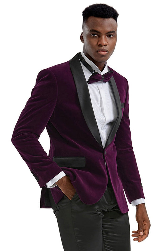 Purple Wedding Tuxedo MEN'S SLIM FIT SHAWL LAPEL VELVET WEDDING & PROM TUXEDO JACKET IN PURPLE