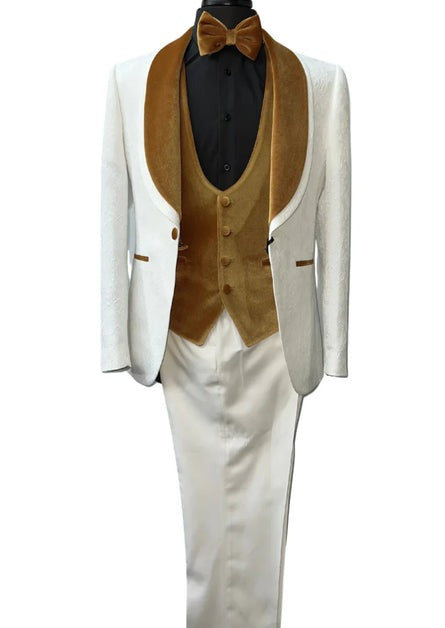 Wide Shawl Lapel Tuxedo  - Wedding Groom White & Golden -  Vested With Bowtie