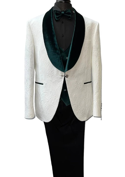 Wide Shawl Lapel Tuxedo  - Wedding Groom White & Green -  Vested With Bowtie