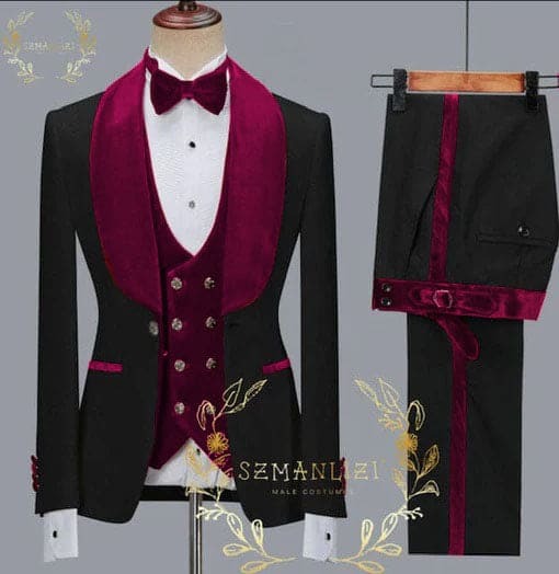 Wide Shawl Lapel Tuxedo  - Wedding Groom Black & Burgundy -  Vested With Bowtie