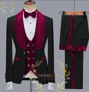 Wide Shawl Lapel Tuxedo  - Wedding Groom Black & Burgundy -  Vested With Bowtie