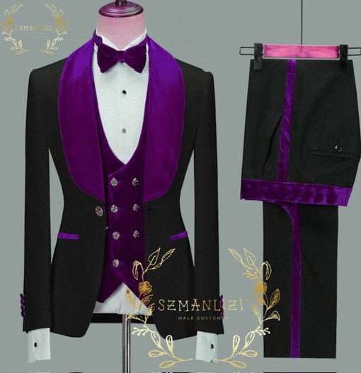 Wide Shawl Lapel Tuxedo  - Wedding Groom Black & Purple -  Vested With Bowtie