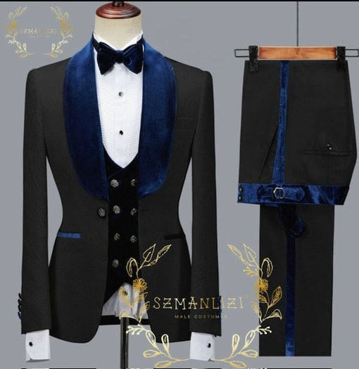 Wide Shawl Lapel Tuxedo  - Wedding Groom Charcoal & Navy -  Vested With Bowtie