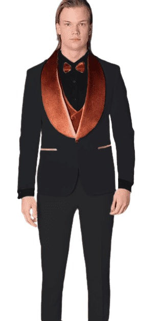 Wide Shawl Lapel Tuxedo  - Wedding Groom Black & Orange -  Vested With Bowtie