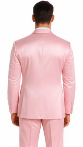 Dusty Rose Satin Double Breasted 3 Piece Skinny Fit Tazzio Men's Suit with Peak Lapel