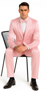 Dusty Rose Satin Double Breasted 3 Piece Skinny Fit Tazzio Men's Suit with Peak Lapel