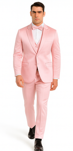 Dusty Rose Satin Double Breasted 3 Piece Skinny Fit Tazzio Men's Suit with Peak Lapel