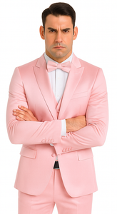 Dusty Rose Satin Double Breasted 3 Piece Skinny Fit Tazzio Men's Suit with Peak Lapel