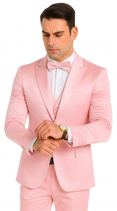 Dusty Rose Satin Double Breasted 3 Piece Skinny Fit Tazzio Men's Suit with Peak Lapel