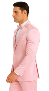Dusty Rose Satin Double Breasted 3 Piece Skinny Fit Tazzio Men's Suit with Peak Lapel