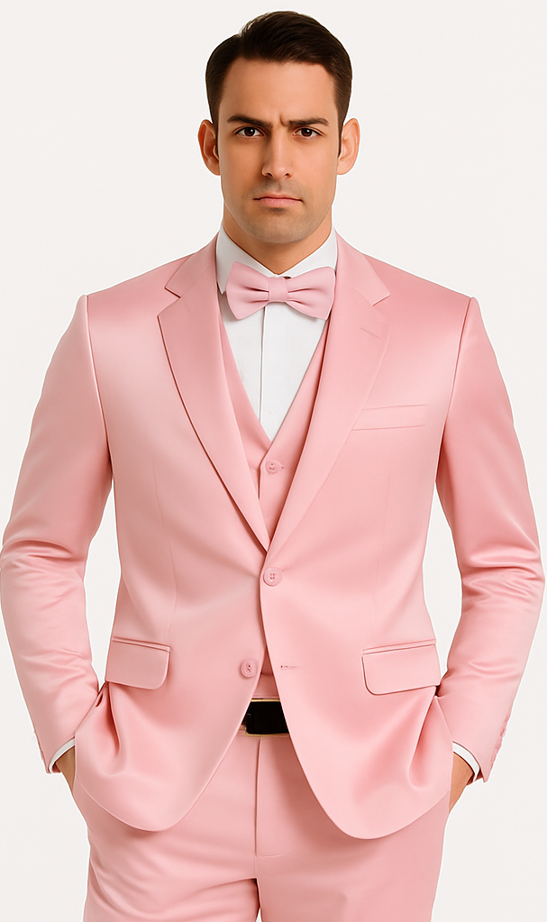 Dusty Rose Satin Double Breasted 3 Piece Skinny Fit Tazzio Men's Suit with Peak Lapel