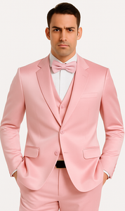 Dusty Rose Satin Double Breasted 3 Piece Skinny Fit Tazzio Men's Suit with Peak Lapel