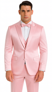 Dusty Rose Satin Double Breasted 3 Piece Skinny Fit Tazzio Men's Suit with Peak Lapel