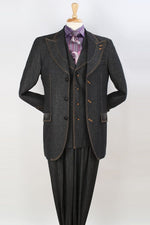 Apollo King Black Denim Suit: Vested Peak Lapel Wide Leg