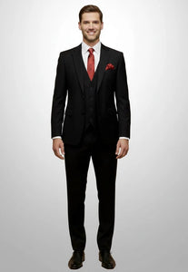 Mens Giovanni Testi 3 Piece Suit in Black – Notch Lapel 2 Button Jacket with Side Vents & Comfort Flex Waist Pants