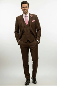 Mens Giovanni Testi Brown Suit Set – 2 Button Notch Lapel Blazer with Pick Stitching & Comfort Waist Pants