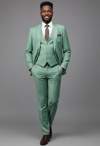 Mens Giovanni Testi Mint 3 Piece Suit – Modern Fit 2 Button Notch Lapel with Pick Stitching & Flex Waist Pants