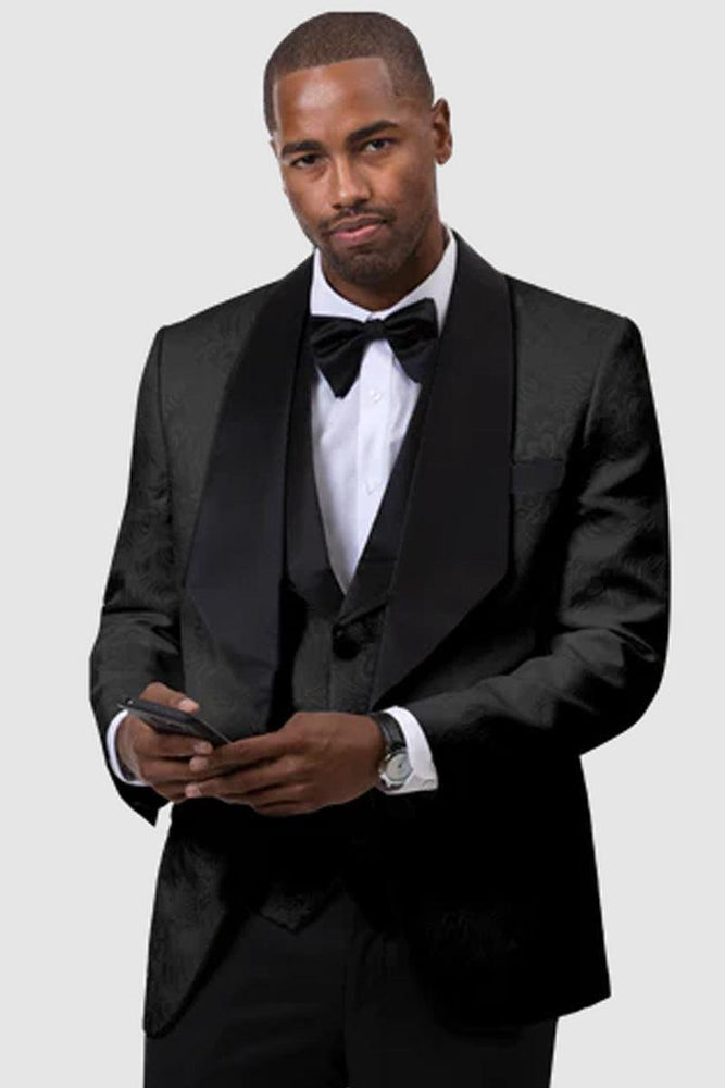 EJ Samuel Black Shawl-Vested Paisley Tuxedo: Perfect for Weddings & Proms - USA Men's Outlet