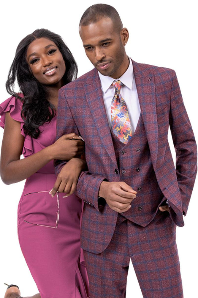 EJ Samuel Classic Peak Lapel Vested Suit in Burgundy Windowpane Plaid - USA Men's Outlet