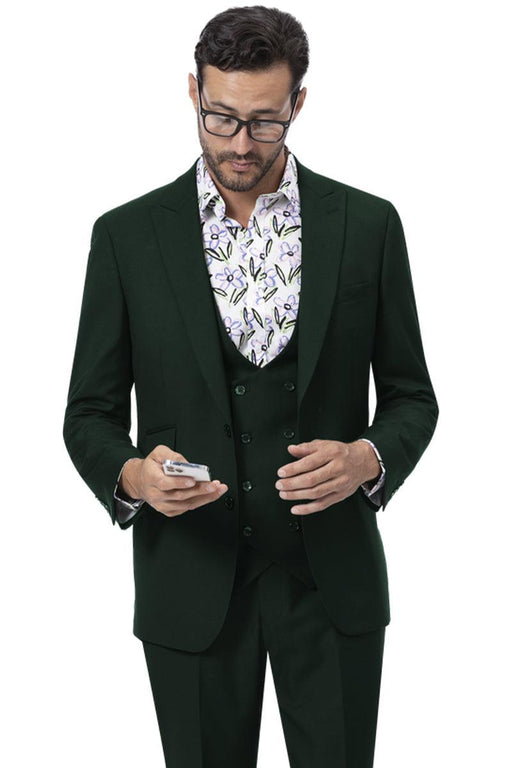 EJ Samuel Hunter Green 2-Button Suit w/ Peaked Lapel & Double Breasted Vest - USA Men's Outlet