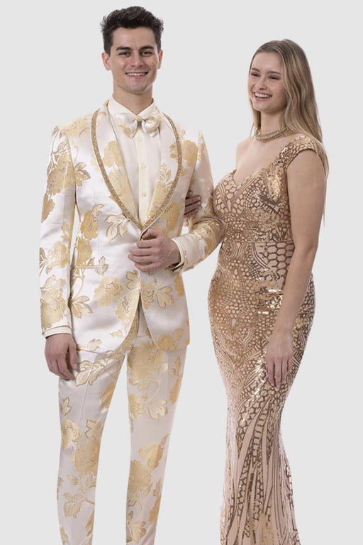 "EJ Samuel Ivory & Gold Slim-Fit Paisley Tuxedo: The Perfect Wedding Statement" - USA Men's Outlet