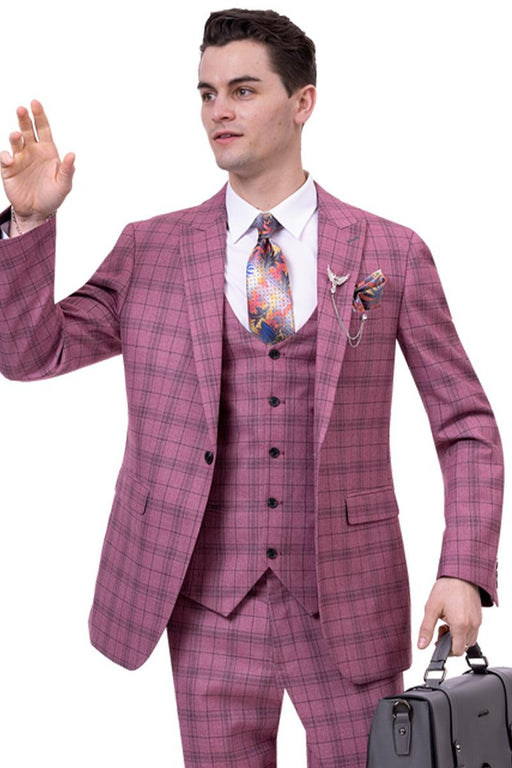 "EJ Samuel Men's 1-Button Vested Suit in Mauve Pink Windowpane Plaid" - USA Men's Outlet