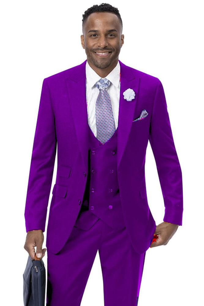 EJ Samuel Men's 2-Button Peak Lapel Vested Suit with Double Breasted Vest - Purple - USA Men's Outlet