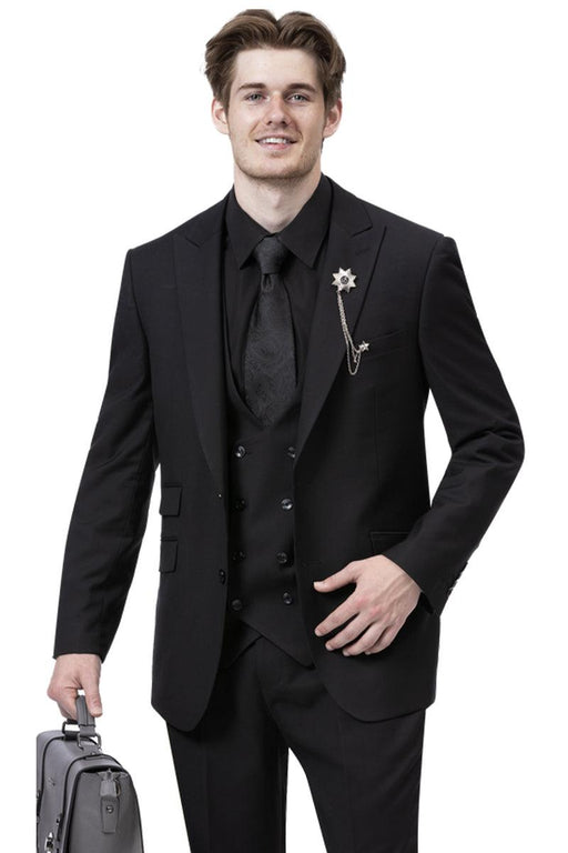 EJ Samuel Men's Black 2-Button Vested Suit with Double-Breasted Vest - USA Men's Outlet