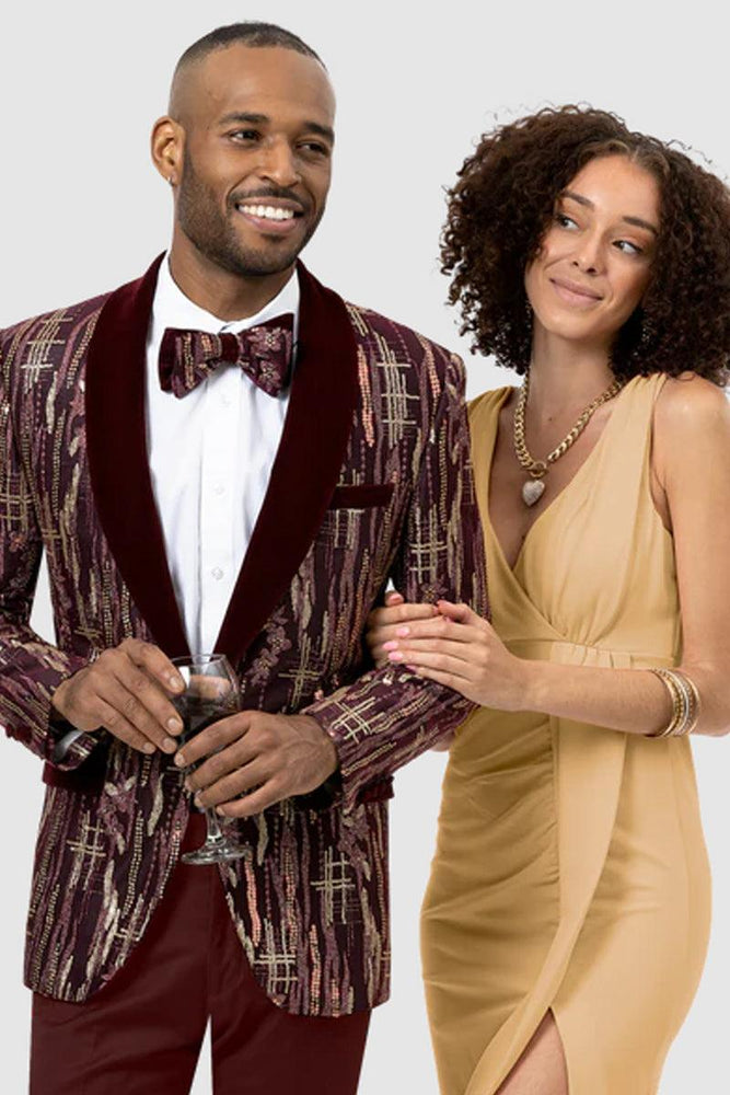 EJ Samuel Men's Burgundy Burgate Tux Blazer with Gold Sequin & Velvet Trim - USA Men's Outlet