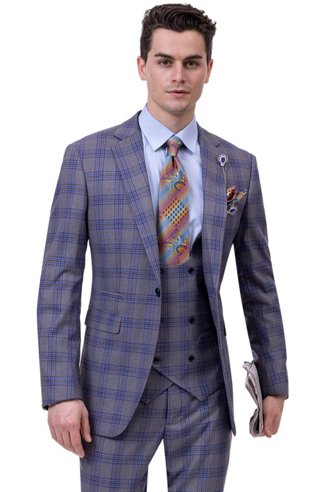 "EJ Samuel Men's Cue: Modern One-Button Vested Grey & Navy Suit" - USA Men's Outlet