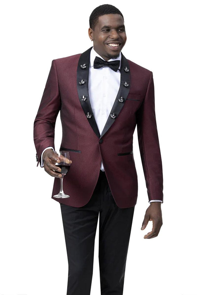 "EJ Samuel Men's Diamond-Embellished Burgundy 1-Button Shawl Tuxedo" - USA Men's Outlet