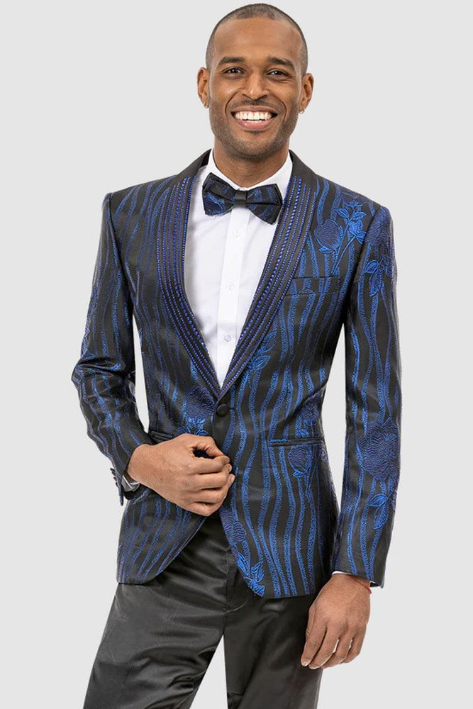 "EJ Samuel Men's Floral-Wave Tuxedo: Classy Blend of Modern Style in Black & Royal Blue" - USA Men's Outlet