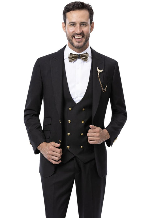 EJ Samuel Men's Formal Vested Suit w/ Double Breasted Vest & Gold Buttons in Black - USA Men's Outlet