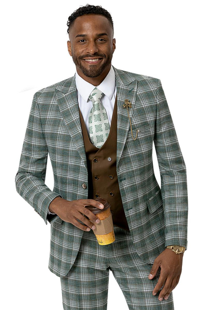 EJ Samuel Men's Hunter Green Windowpane Plaid 2-Btn DB Vest Suit - Modern Fit Peak Lapel - USA Men's Outlet