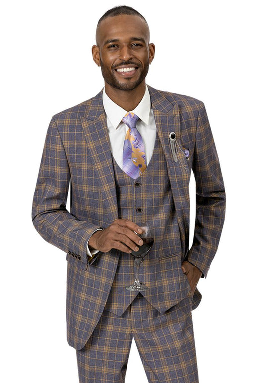 EJ Samuel Men's Modern 2-Btn Vested Suit in Lavender & Gold Windowpane - USA Men's Outlet