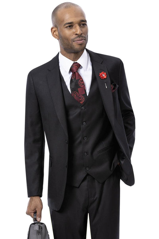 EJ Samuel Men's Modern Fit Black Sharkskin Vested Suit - USA Men's Outlet