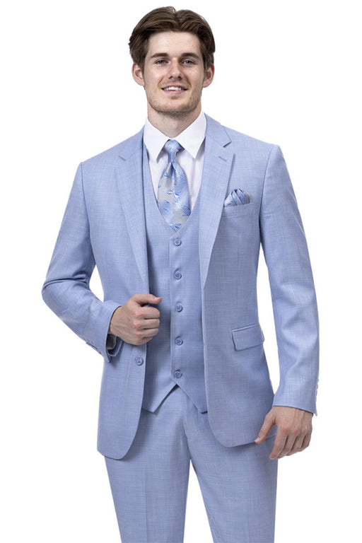 EJ Samuel Men's Modern Fit Sky Blue Sharkskin Business Suit with 2 Buttons. - USA Men's Outlet