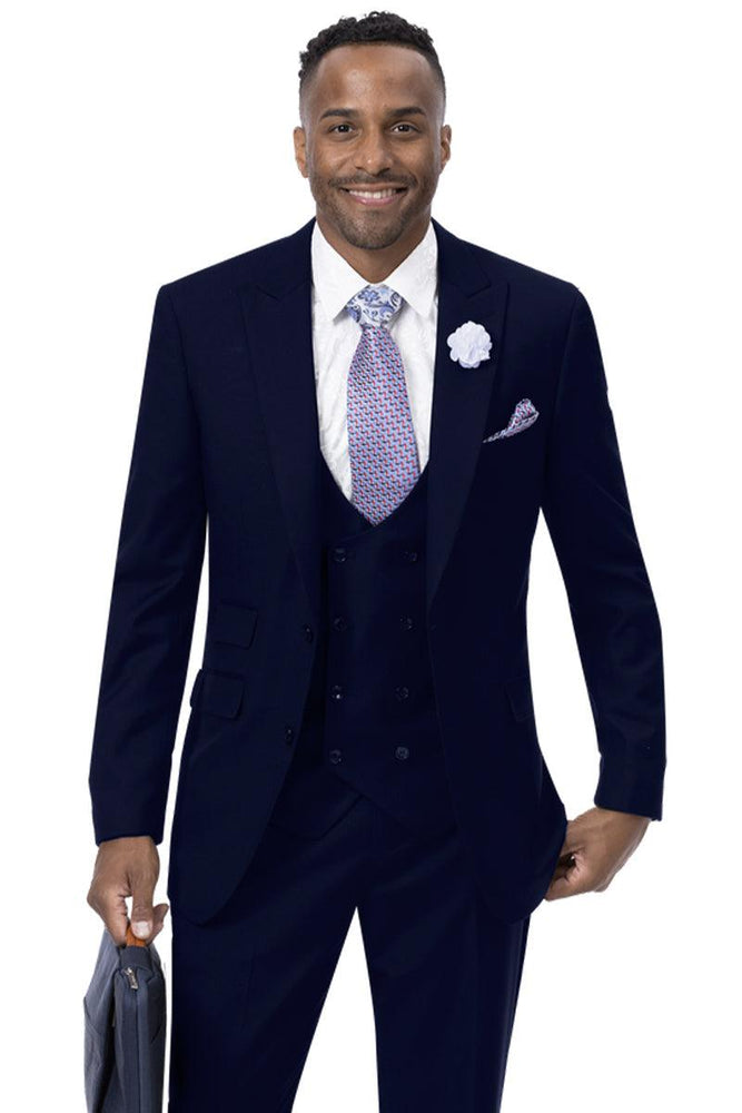 "EJ Samuel Men's Navy Blue Peak Lapel 2-Button Vested Suit with Double Breasted Vest" - USA Men's Outlet