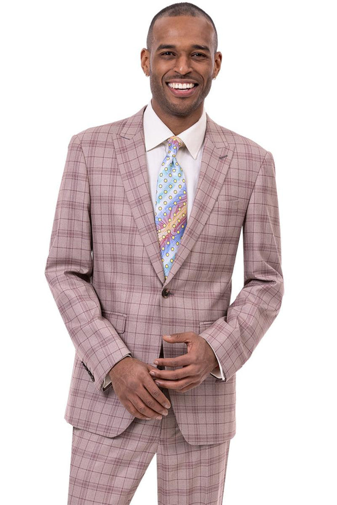 EJ Samuel Men's One-Button Peak Lapel Plaid Suit - Tan Windowpane - USA Men's Outlet