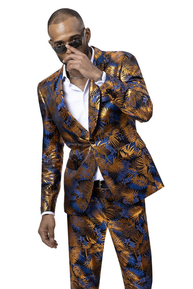 EJ Samuel Men's One-Button Shawl-Lapel Foil Print Suit in Blue/Orange - USA Men's Outlet