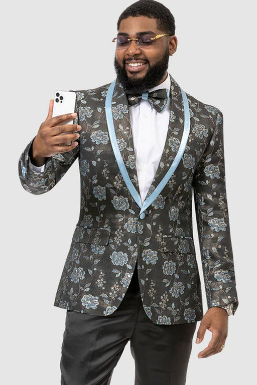 EJ Samuel Men's Paisley Floral Tux Jacket w/Blue Satin Lapel Trim - USA Men's Outlet